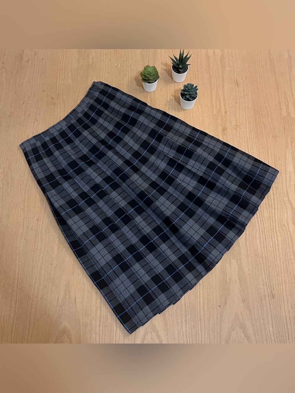 Aljean Vintage Pleated Grey /Black / Blue Plaid Wool Midi Skirt